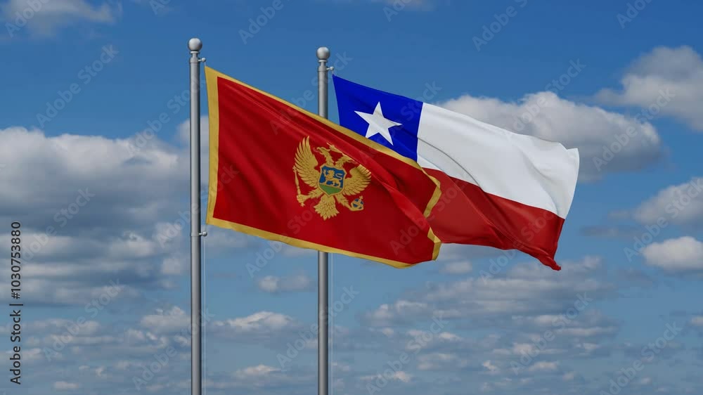 Chile and Montenegro flags flying together, video concept of the relationship, two country relations concept Chile and Montenegro flags flying together, video concept of the relationship, two country relations concept