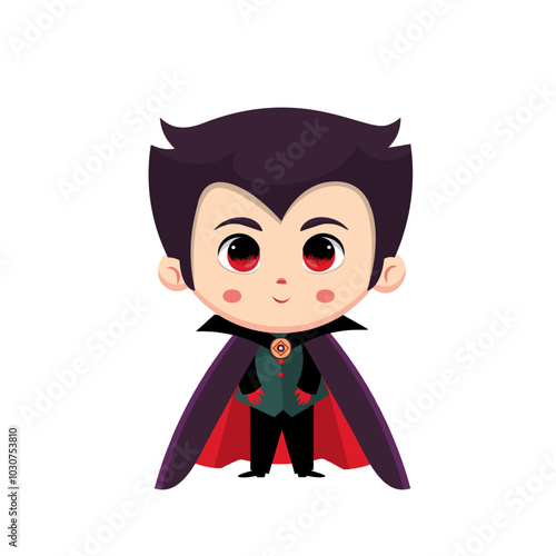 Cute Halloween vampire boy. Kawaii vector illustration. Kid wearing Halloween costume.