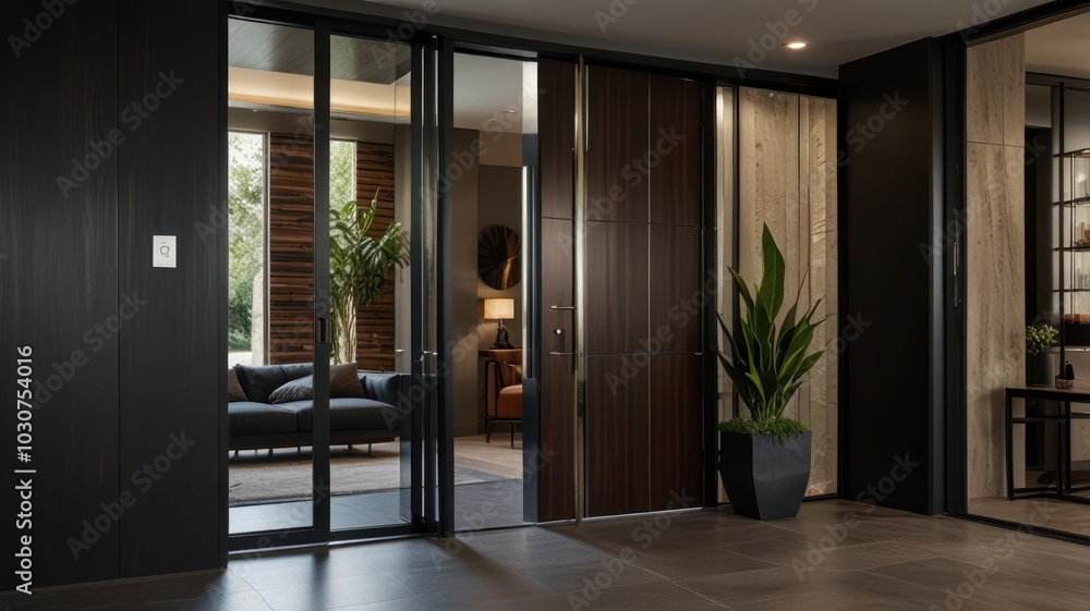 Fototapeta premium Modern interior design with sleek black walls, a wooden door, and a large glass sliding door leading to a lounge area with a couch and plants.
