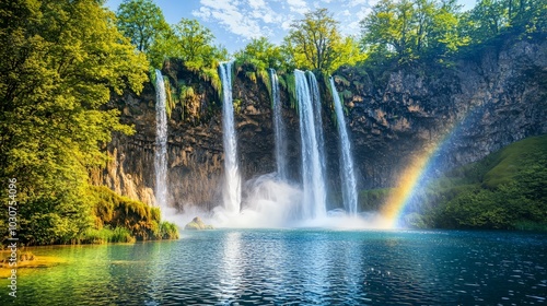 A stunning waterfall cascades down a rocky cliff, creating a rainbow over a clear blue pool.