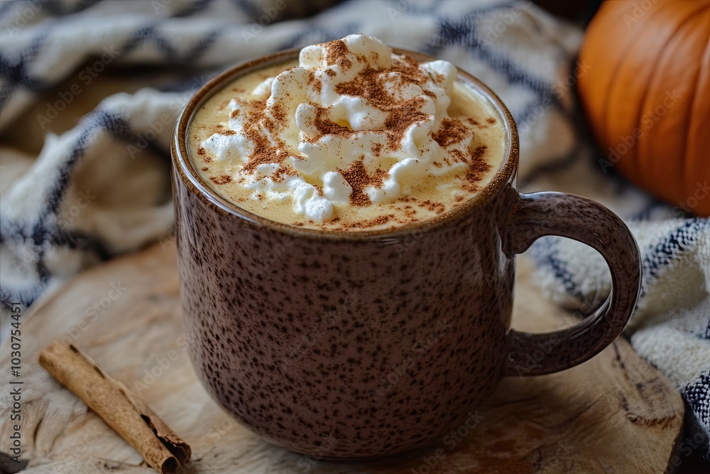 A hot pumpkin spice latte in a cozy mug, topped with whipped cream and a sprinkle of cinnamon A hot pumpkin spice latte in a cozy mug, topped with whipped cream and a sprinkle of cinnamon