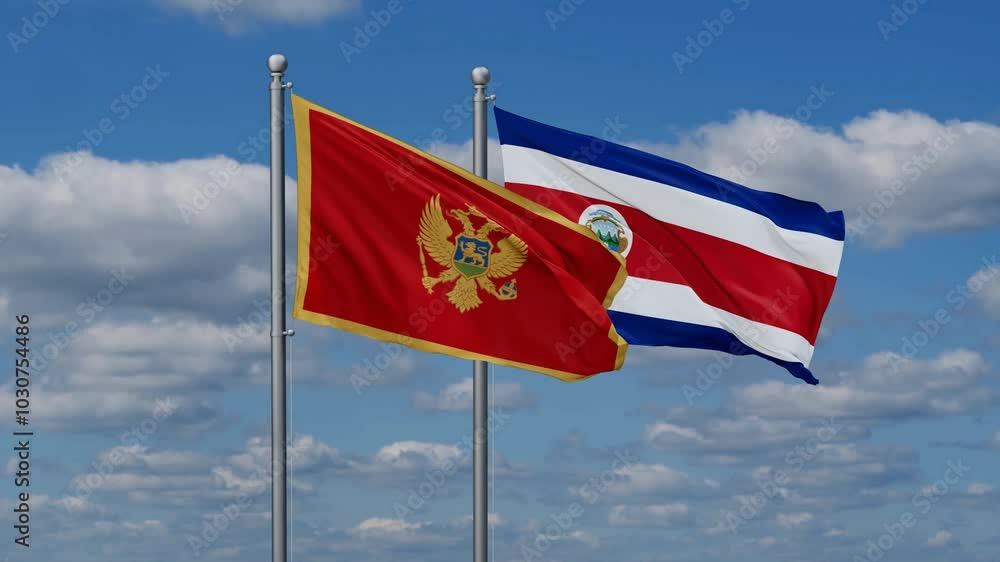 Costa Rico and Montenegro flags flying together, video concept of the relationship, two country cooperation concept Costa Rico and Montenegro flags flying together, video concept of the relationship, two country cooperation concept