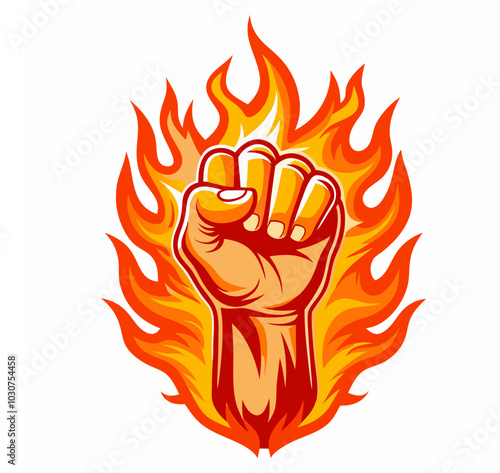 Vector illustration of a powerful raised clenched fist engulfed in red flames, symbolizing hand power and freedom, with a fiery fist icon.