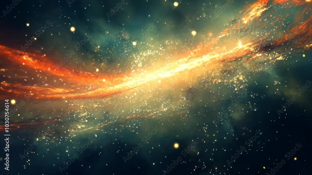A bright, orange nebula cuts through a dark expanse of space, dotted with twinkling stars A bright, orange nebula cuts through a dark expanse of space, dotted with twinkling stars