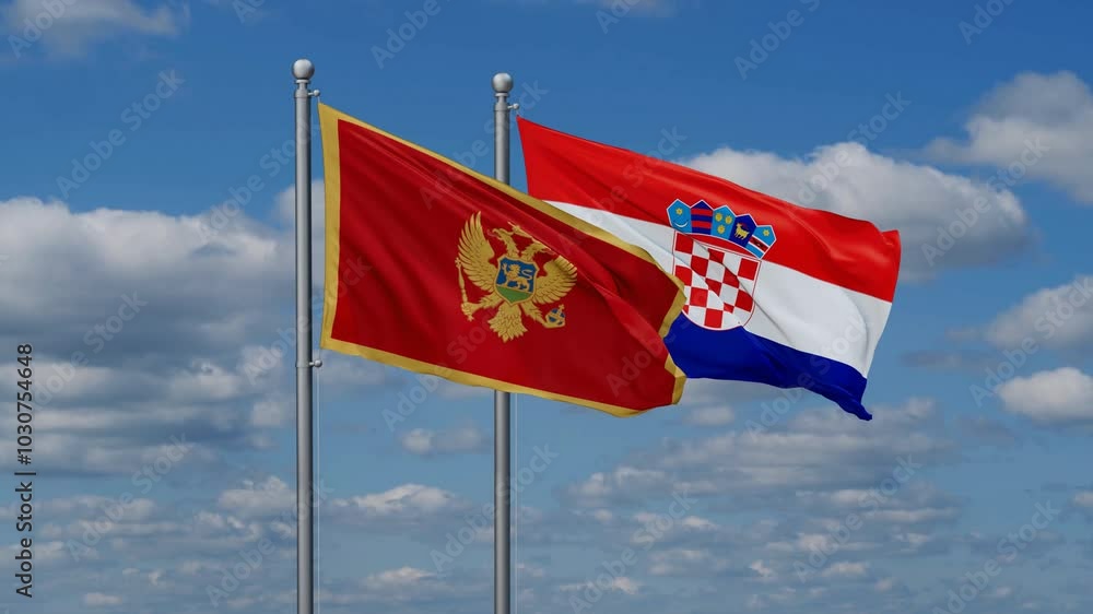 Croatia and Montenegro flags flying together, video concept of the relationship, two country cooperation concept Croatia and Montenegro flags flying together, video concept of the relationship, two country cooperation concept