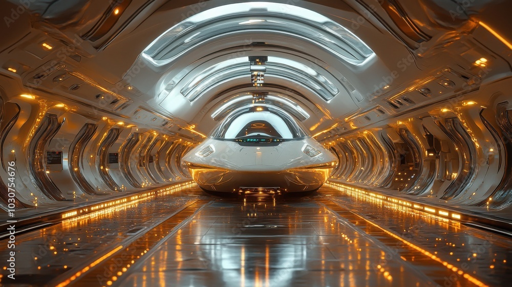 Obraz premium Futuristic spaceship interior showcasing sleek design and advanced technology for sci-fi projects