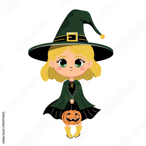 Cute blonde Halloween witch girl. Kawaii vector illustration. Kid wearing Halloween costume