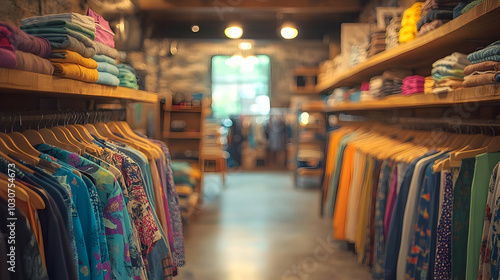 Colorful clothing display in a boutique shop interior.