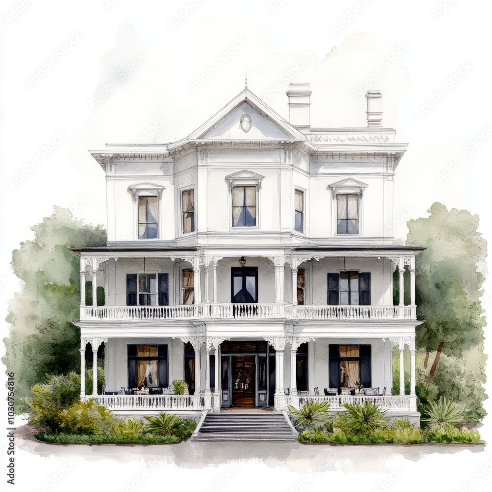 Fototapeta premium A detailed illustration of a grand white Victorian-style house.