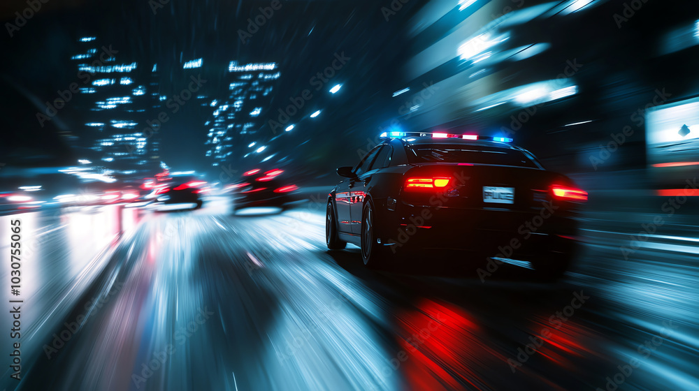 police car driving on highway at night, AI generated police car driving on highway at night, AI generated