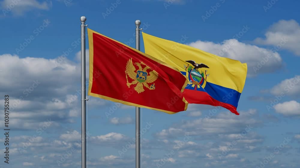 Ecuador and Montenegro flags flying together, video concept of the relationship, two country relations concept Ecuador and Montenegro flags flying together, video concept of the relationship, two country relations concept