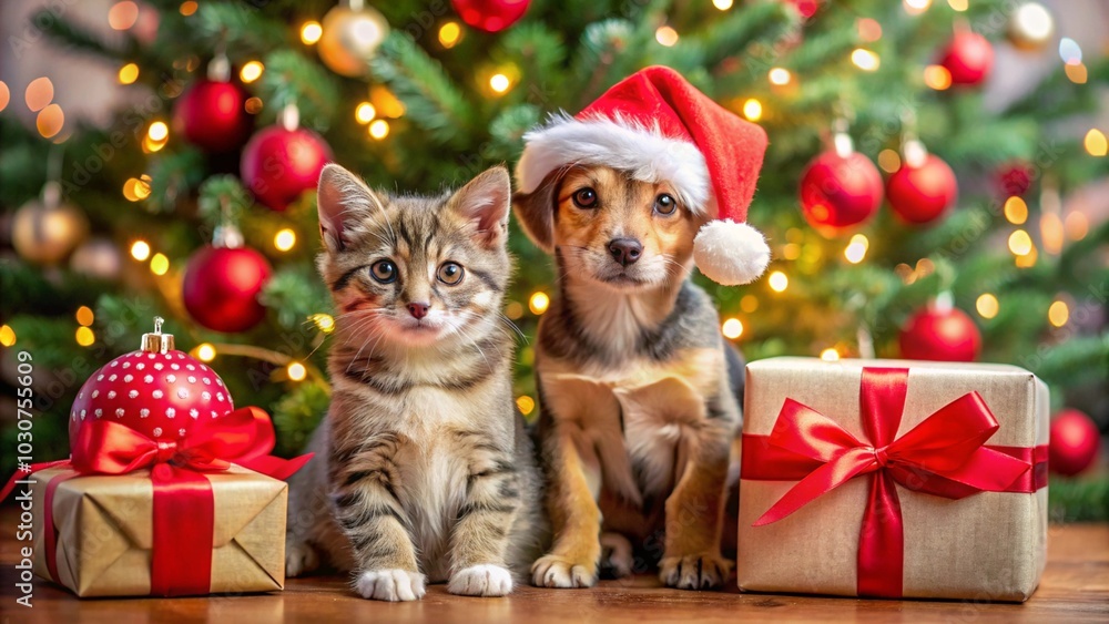 Christmas Puppy and Kitten with Presents generative ai Christmas Puppy and Kitten with Presents generative ai