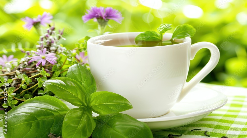 A White Teacup With Steaming Tea Surrounded by Lush Green Leaves and Delicate Purple Flowers A White Teacup With Steaming Tea Surrounded by Lush Green Leaves and Delicate Purple Flowers