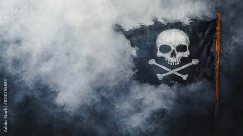 tattered pirate flag waves eerily in wind, shrouded in mist and mystery. skull and crossbones symbolize danger and adventure, evoking sense of unknown