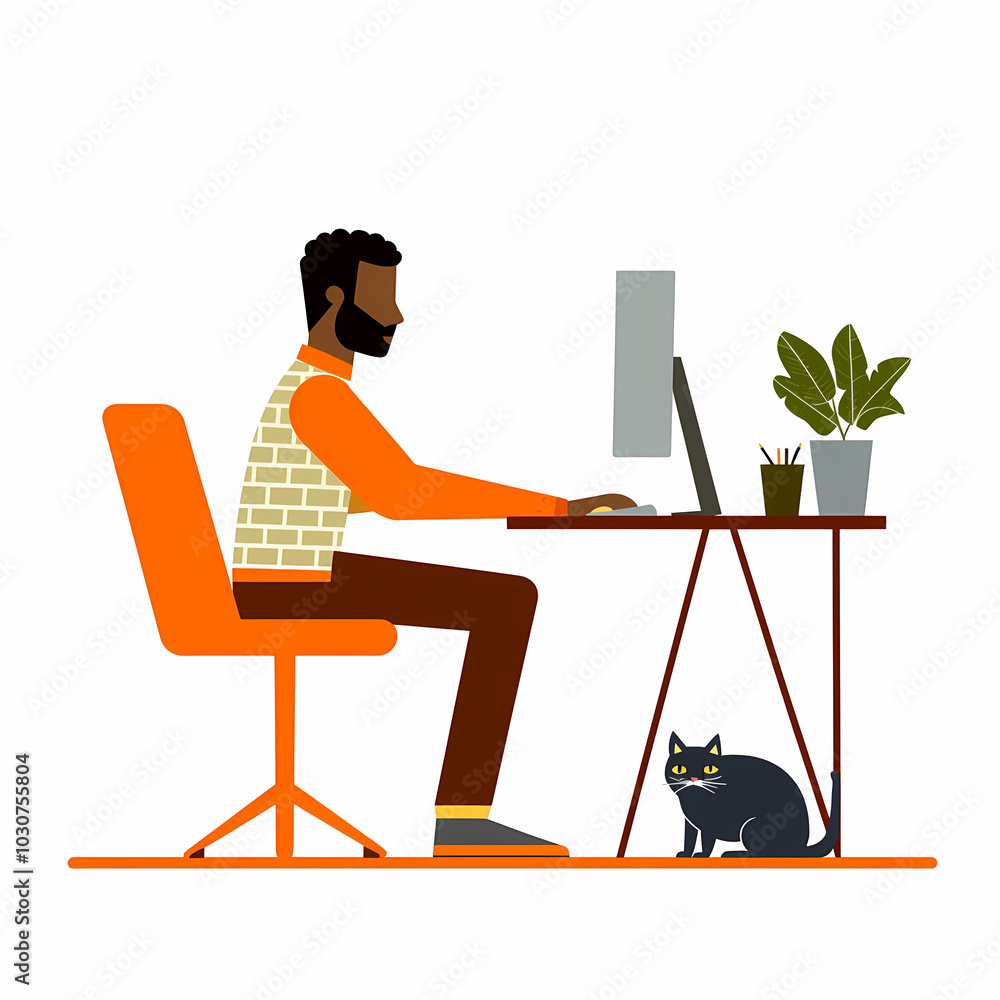 man is working at desk with computer, accompanied by cat and potted plant, creating cozy home office atmosphere man is working at desk with computer, accompanied by cat and potted plant, creating cozy home office atmosphere
