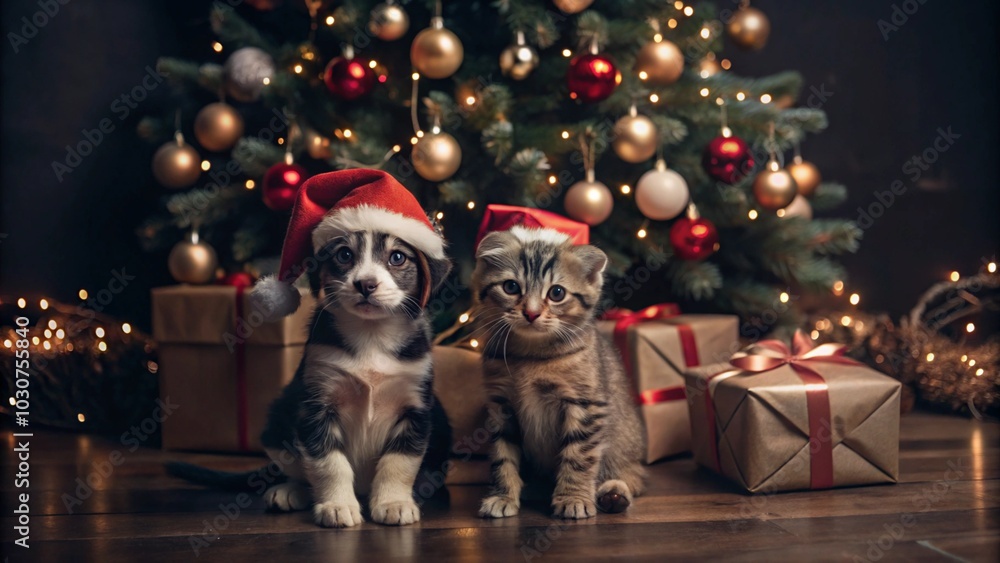 Christmas Puppy and Kitten with Presents generative ai Christmas Puppy and Kitten with Presents generative ai