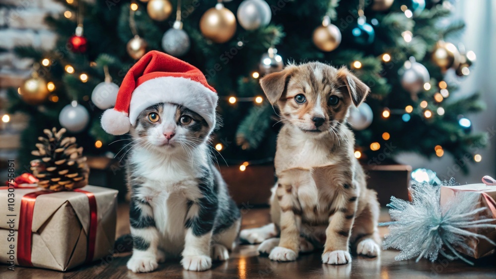 Christmas Puppy and Kitten with Presents generative ai Christmas Puppy and Kitten with Presents generative ai