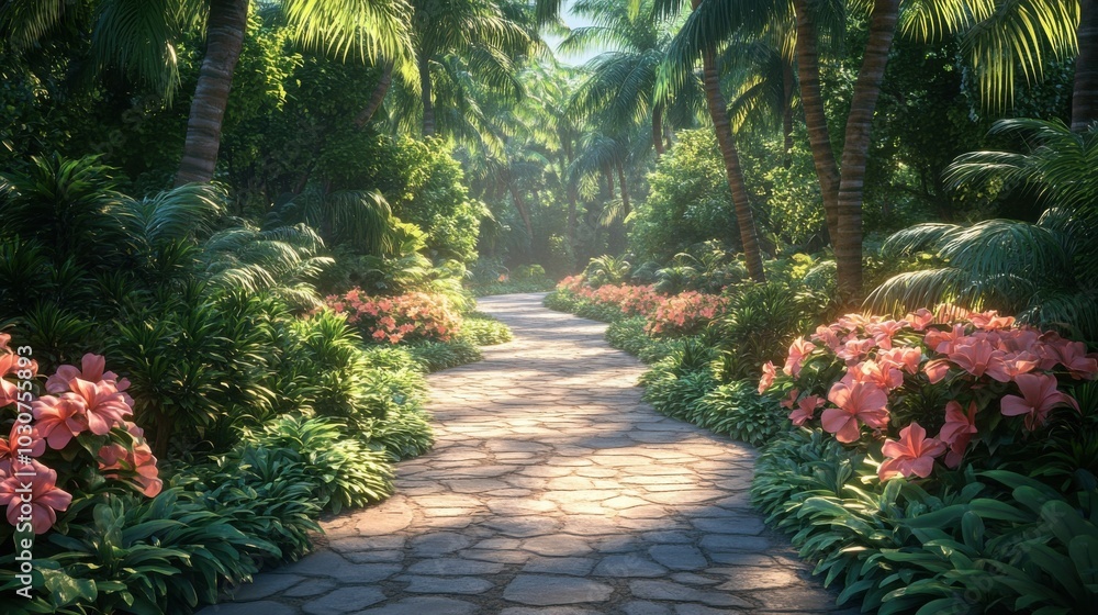 Serene Garden Pathway Surrounded by Lush Greenery and Soft Lighting Perfect for Relaxation Serene Garden Pathway Surrounded by Lush Greenery and Soft Lighting Perfect for Relaxation