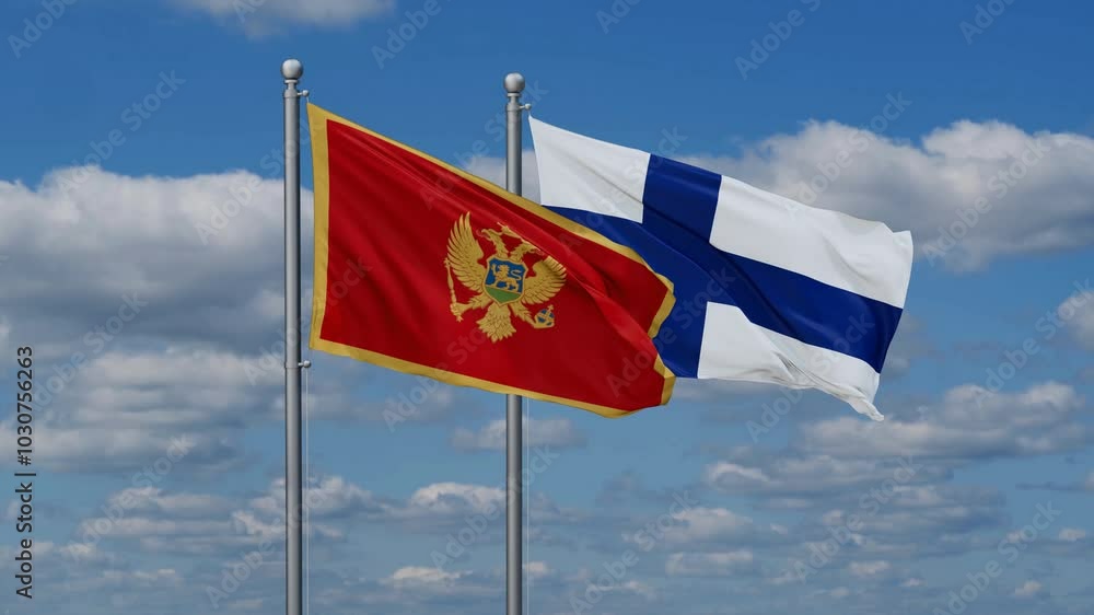 Finland and Montenegro flags flying together, video concept of the relationship, two country relations concept Finland and Montenegro flags flying together, video concept of the relationship, two country relations concept