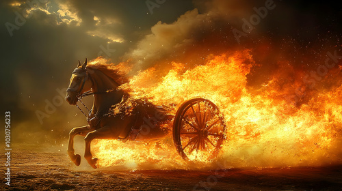 A fiery horse pulling a blazing chariot against a dramatic sky.