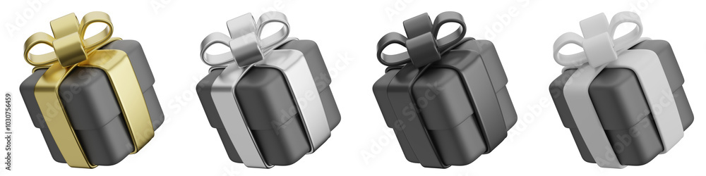 set of 3d Christmas box with transparent background, PNG, 3d render Valentine present box, black gift box set of 3d Christmas box with transparent background, PNG, 3d render Valentine present box, black gift box