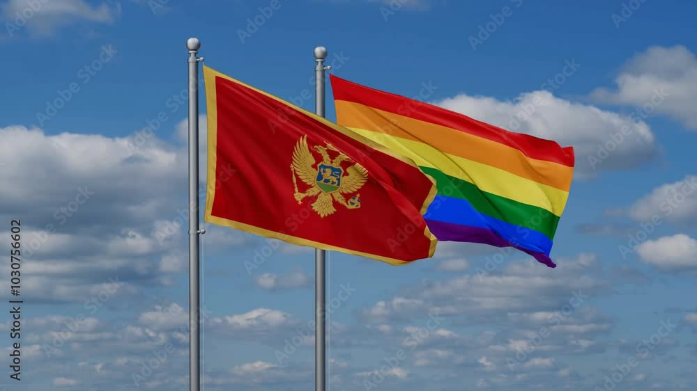 LGBT movement flag also Gay Pride and Montenegro two flags waving cycle looped video, tolerance conception in country LGBT movement flag also Gay Pride and Montenegro two flags waving cycle looped video, tolerance conception in country
