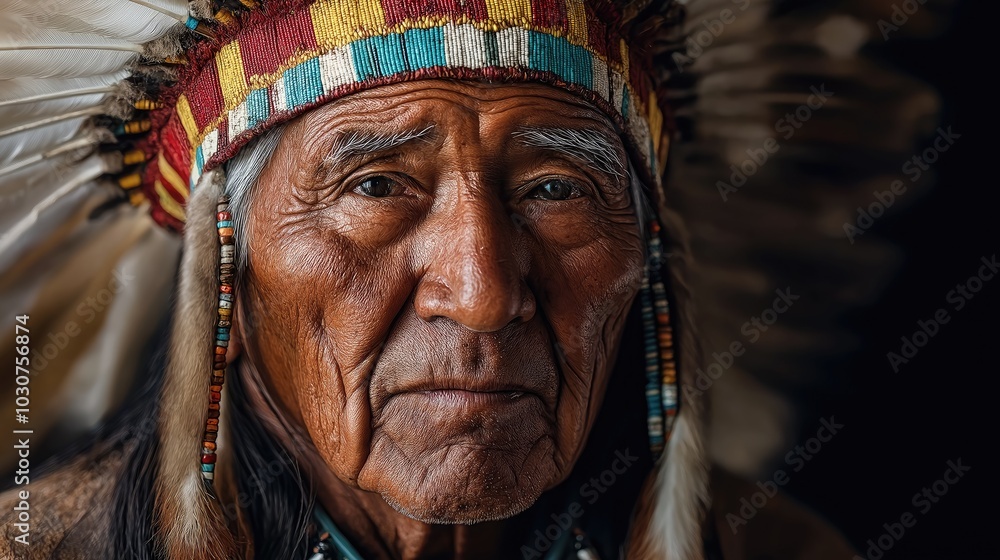 Fototapeta premium Old Native American man, close-up. Portrait American Indian, indigenous American.