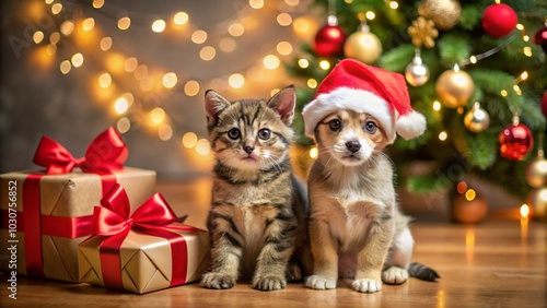 Christmas Puppy and Kitten with Presents generative ai