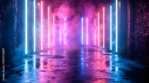 Wallpaper Mural A vibrant, illuminated corridor with colorful neon lights and fog. Torontodigital.ca