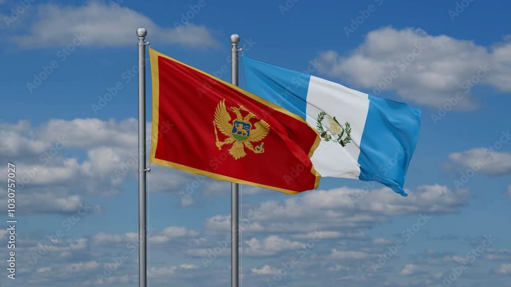Guatemala and Montenegro flags flying together, video concept of the relationship, two country relations concept Guatemala and Montenegro flags flying together, video concept of the relationship, two country relations concept