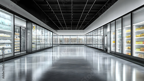 Modern grocery aisle with refrigerated displays and polished floors.