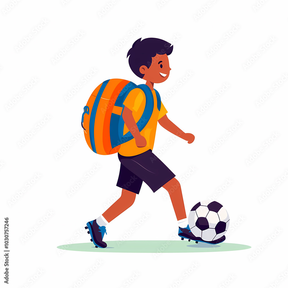 Young boy with backpack joyfully kicking soccer ball, showcasing energy and enthusiasm for play. This vibrant illustration captures spirit of childhood and sports Young boy with backpack joyfully kicking soccer ball, showcasing energy and enthusiasm for play. This vibrant illustration captures spirit of childhood and sports
