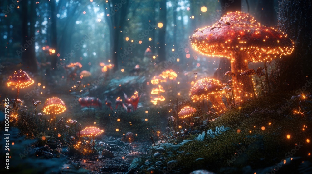 Glowing mushrooms in a dark, magical forest. Glowing mushrooms in a dark, magical forest.