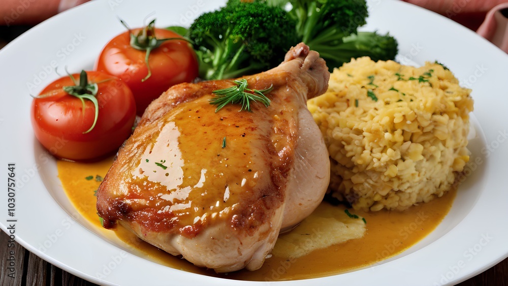 Tender roasted chicken thighs served with fluffy rice and fresh vegetables, perfect for a wholesome and nutritious meal. Tender roasted chicken thighs served with fluffy rice and fresh vegetables, perfect for a wholesome and nutritious meal.