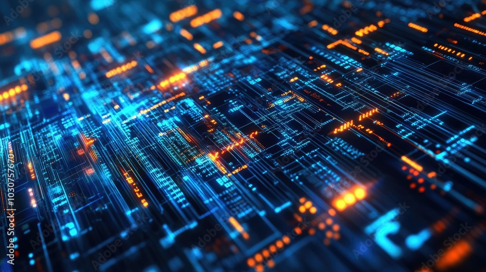 Abstract technological pattern with glowing circuits and binary code representing digital infrastructure Abstract technological pattern with glowing circuits and binary code representing digital infrastructure