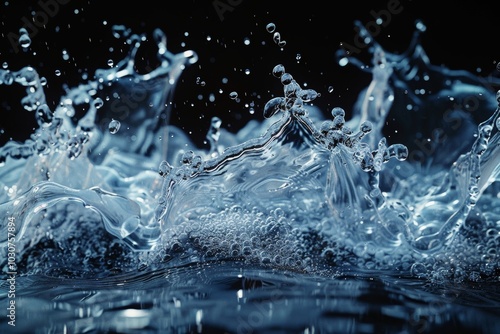 Water droplets splashing are frozen mid motion in this close up shot, emphasizing the intricate, flowing patterns of liquid against a soothing blue backdrop.