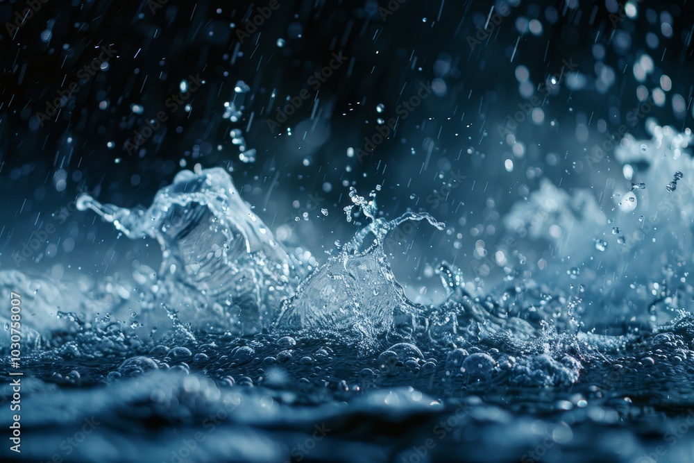 Water droplets splashing are frozen mid motion in this close up shot, emphasizing the intricate, flowing patterns of liquid against a soothing blue backdrop. Water droplets splashing are frozen mid motion in this close up shot, emphasizing the intricate, flowing patterns of liquid against a soothing blue backdrop.