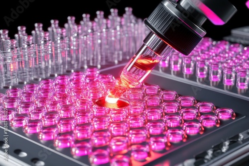 Laboratory Analysis of Fluids in Microtiter Plates, a precise pipette dispensing vibrant liquid into a matrix of glowing wells under intense illumination. photo