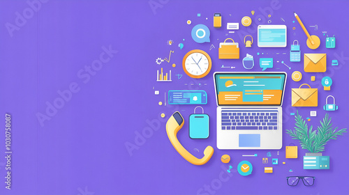 Contact us banner, call center service provider concept digital graphic icon phone call email chatting and searching, advice to customer help and support services digital purple background digital.