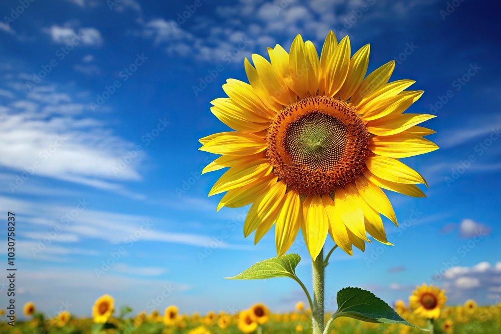 Forced perspective of a single sunflower against a blue sky Forced perspective of a single sunflower against a blue sky