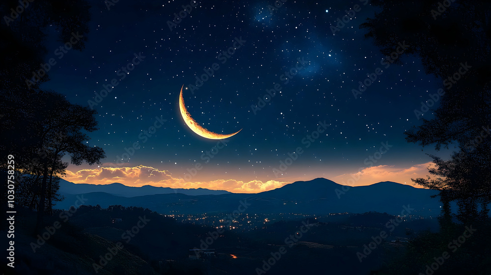 Serene night landscape with a crescent moon and starry sky. Serene night landscape with a crescent moon and starry sky.