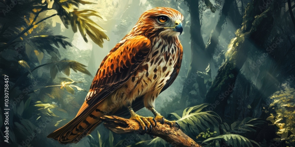 Hawk perched on branch in jungle. Hawk perched on branch in jungle.