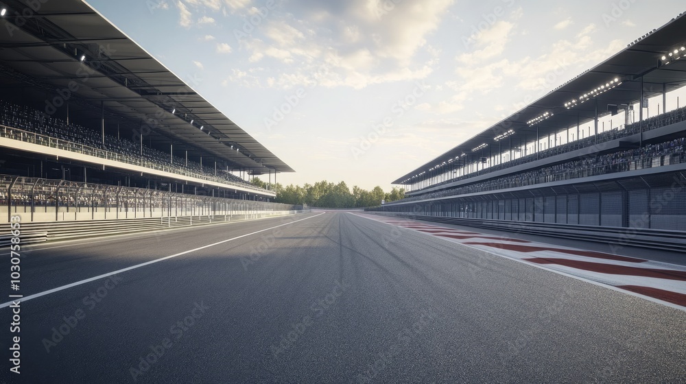 Deserted race track with chicanes, pristine asphalt, and plenty of copy space for text, no cars, no people Deserted race track with chicanes, pristine asphalt, and plenty of copy space for text, no cars, no people