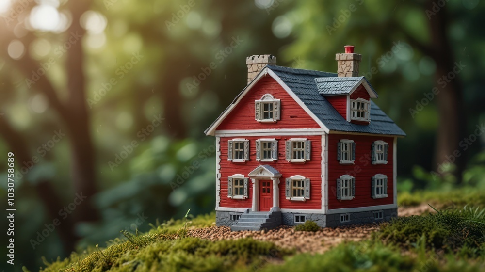 A miniature red house sits on a mossy hill with a blurred green background. A miniature red house sits on a mossy hill with a blurred green background.