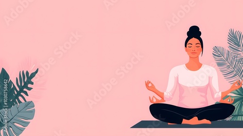 Wallpaper Mural A serene illustration of a woman meditating on a yoga mat, surrounded by lush greenery against a soft pink background. Torontodigital.ca