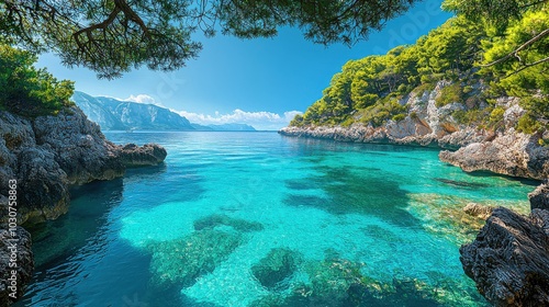 A peaceful cove with turquoise waters and untouched natural surroundings