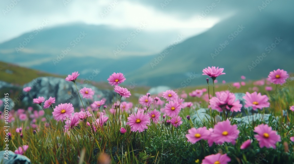 Pink Wildflowers in Mountain Landscape Pink Wildflowers in Mountain Landscape
