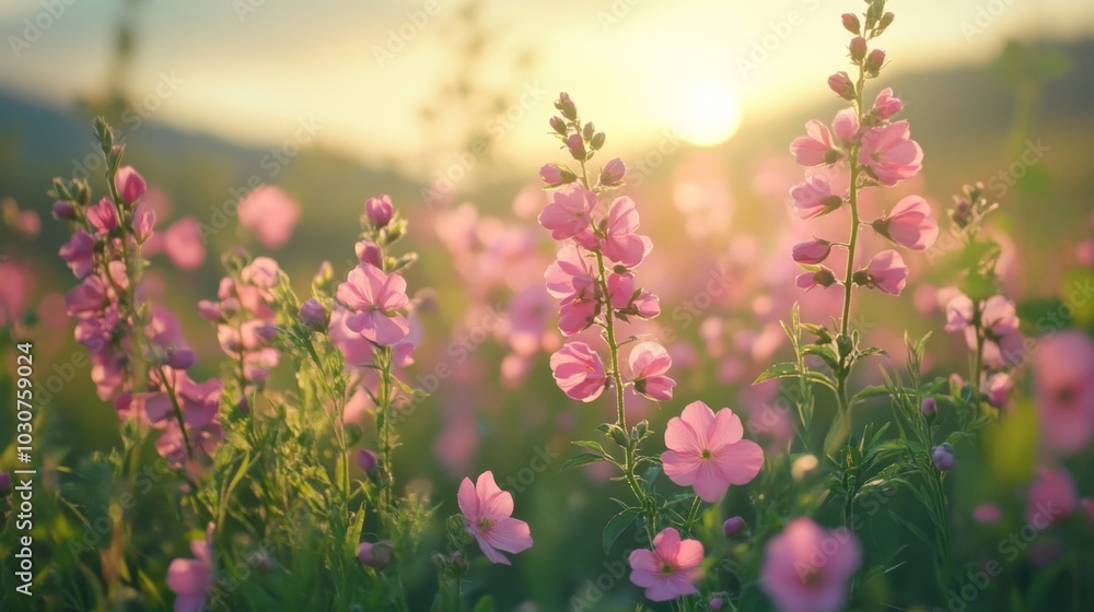 Obraz premium Sunlit Pink Wildflowers in Bloom