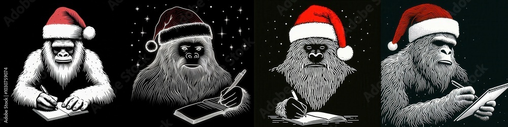 Fototapeta premium Bigfoot in a santa hat journaling with calm focus