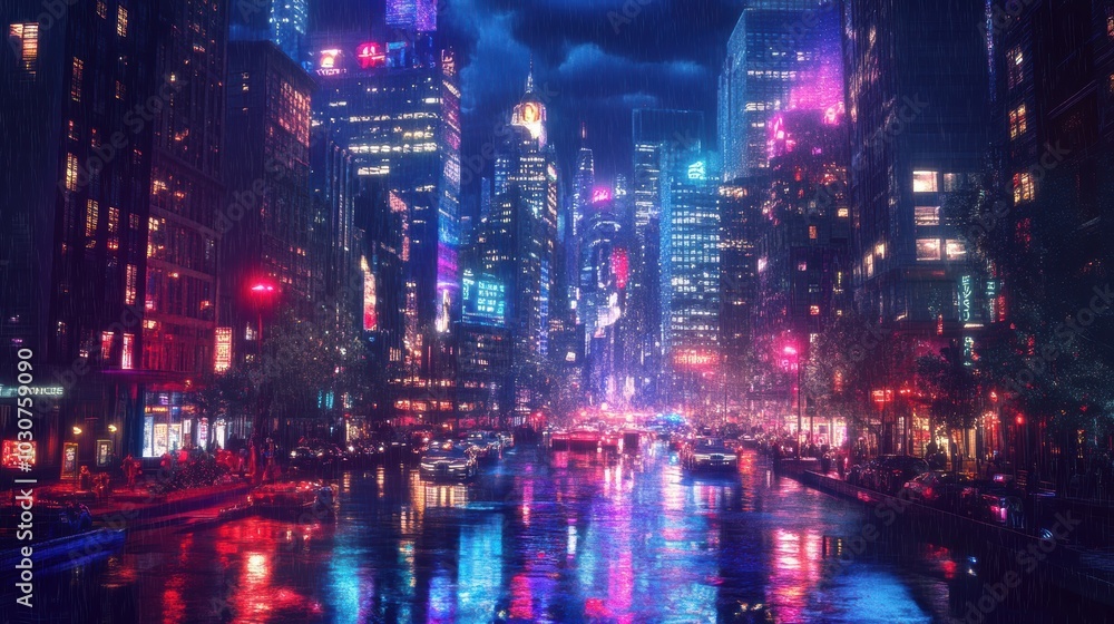 Rainy night in a neon-lit city. Rainy night in a neon-lit city.